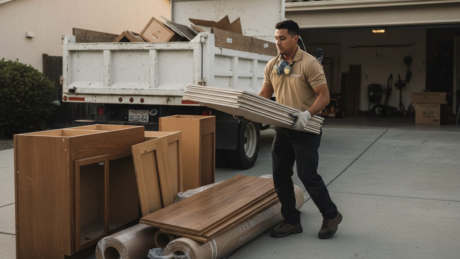 Drywall, cabinets, and flooring debris being loaded into a hauling truck after a San Diego remodel