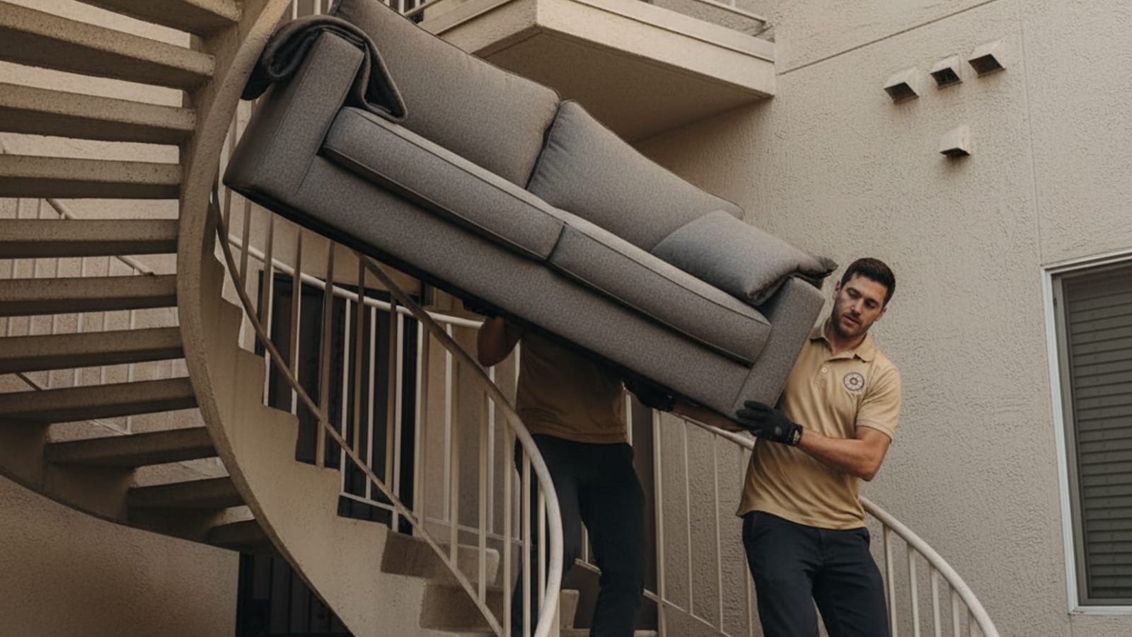 Two-person crew carrying a sectional couch down an apartment staircase in San Diego