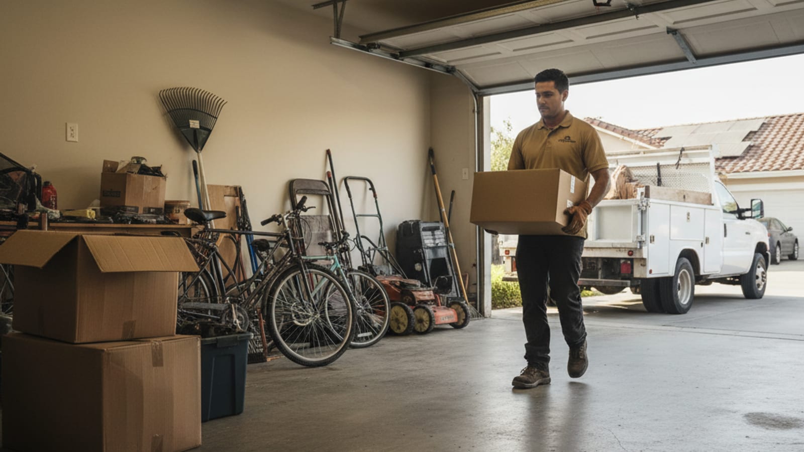 Before-and-after of a cluttered San Diego garage cleared out and swept clean