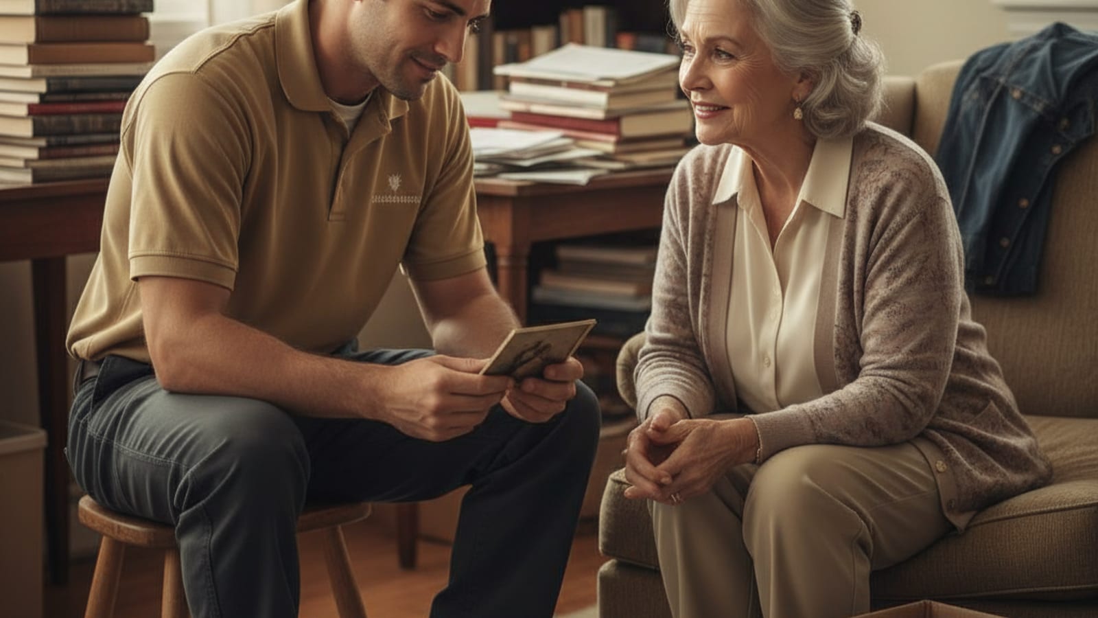 Crew member carefully sorting items with a client during a compassionate hoarding cleanup in San Diego