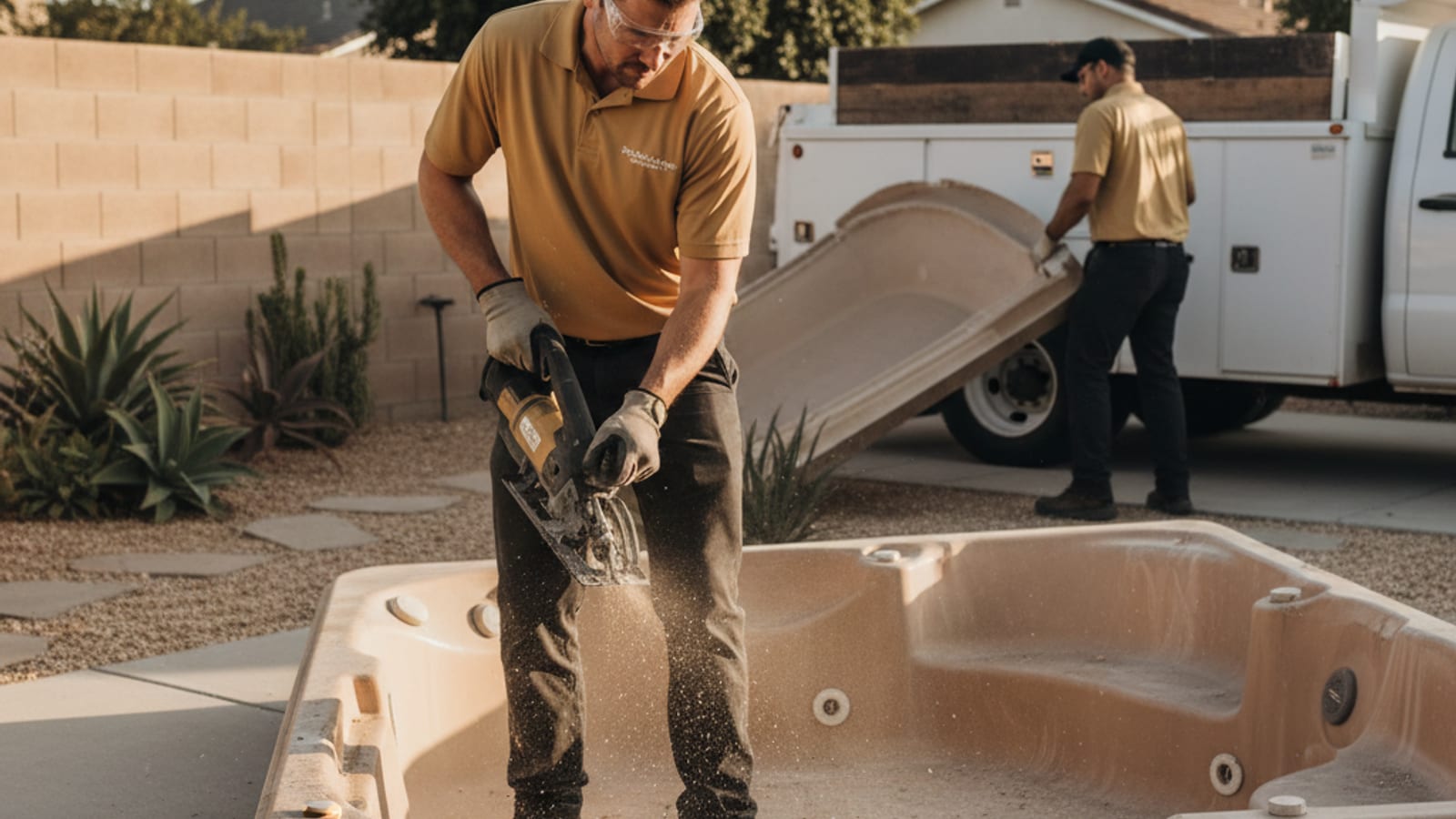 Crew cutting a hot tub shell into pieces for removal from a San Diego backyard