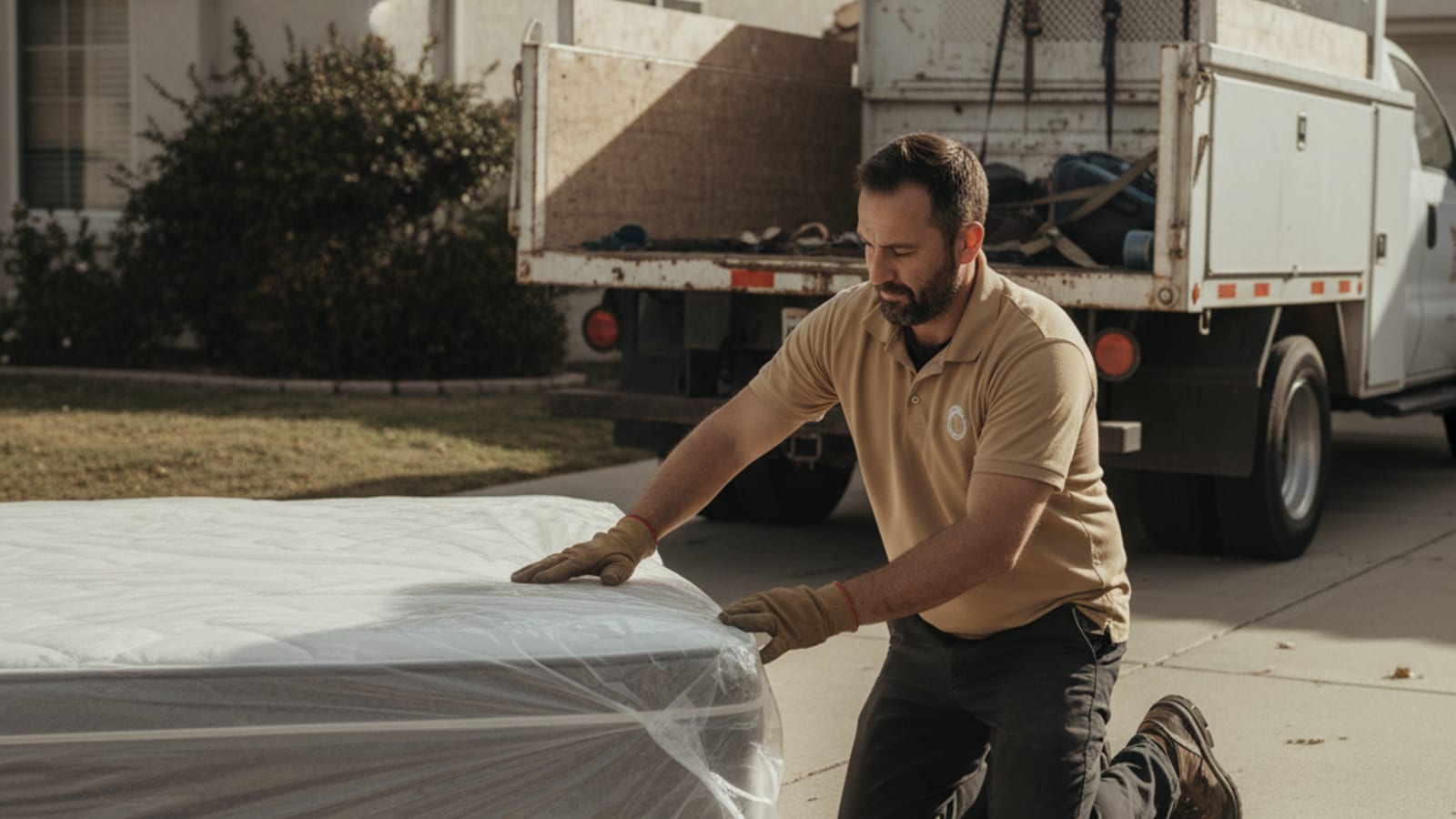 Crew member wrapping a queen mattress in plastic before loading into a recycling truck